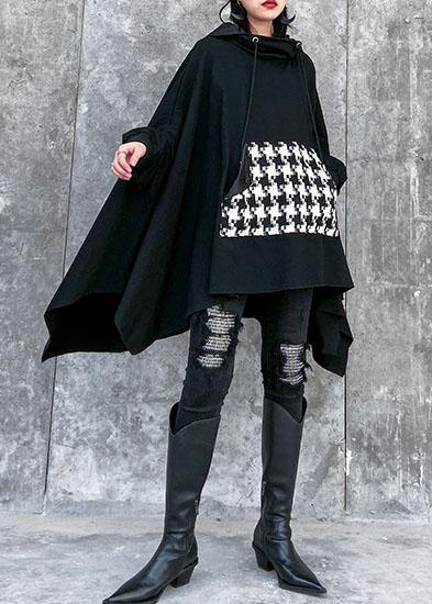 Classy hooded asymmetric cotton patchwork shirts women Cotton black top