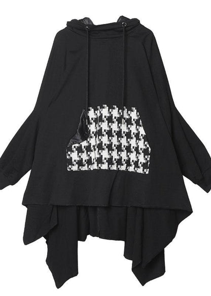 Classy hooded asymmetric cotton patchwork shirts women Cotton black top