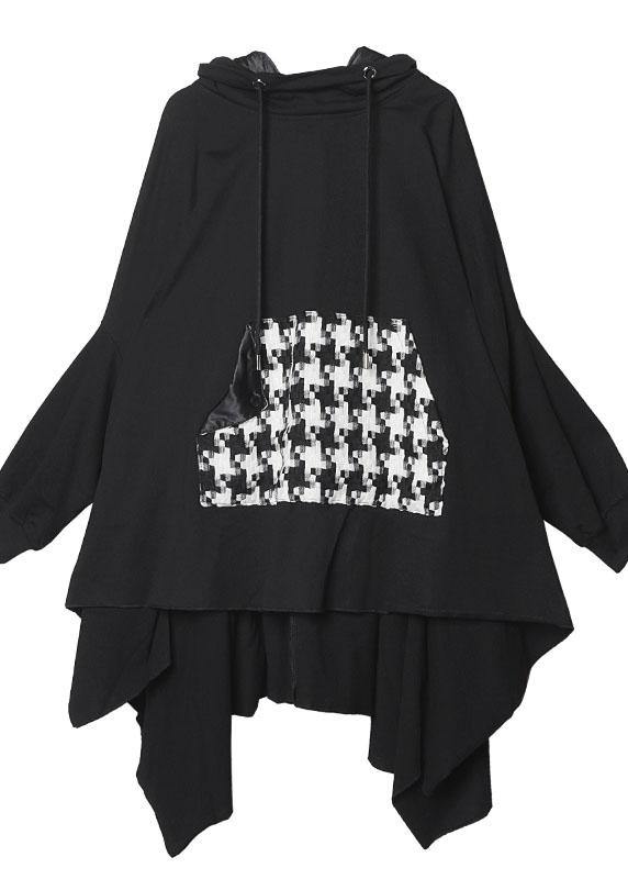 Classy Hooded Asymmetric Cotton Patchwork Shirts Cotton Black Top