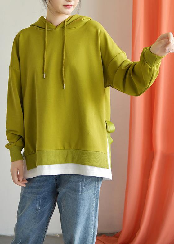 Classy Hooded Drawstring Cotton Clothes for Work Outfits Green Tops Fall