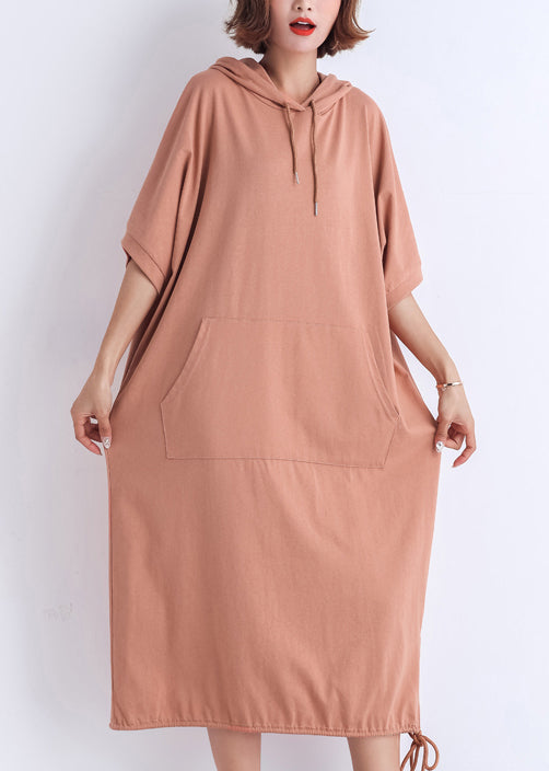 Classy Hooded Half Sleeve Cotton Tunic Top Catwalk Nude Red Dresses Summer