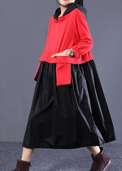 Classy Hooded Patchwork Spring Tunic Dress Photography Red Black Art Dress