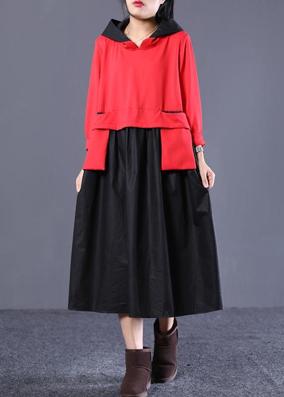 Classy Hooded Patchwork Spring Tunic Dress Photography Red Black Art Dress