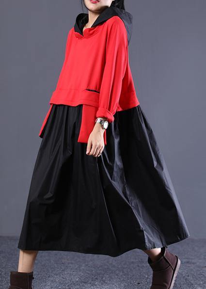 Classy Hooded Patchwork Spring Tunic Dress Photography Red Black Art Dress