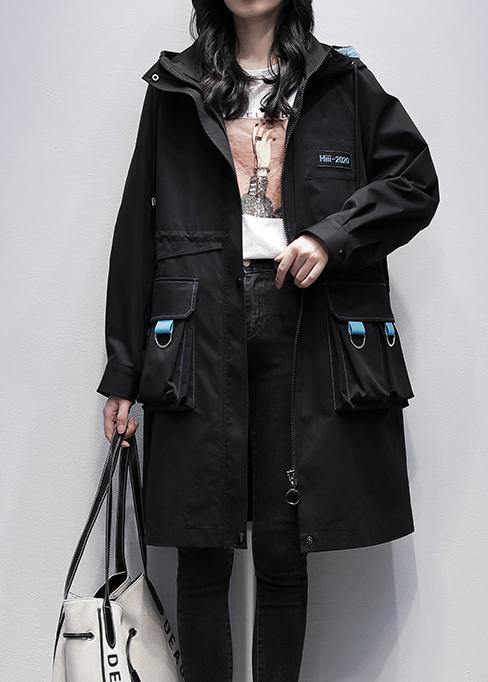 Classy Hooded Zippered Fine Outwear Black Letter Midi Coats