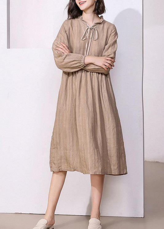 Classy Khaki Linen Dresses V Neck Robe High Neck Dresses