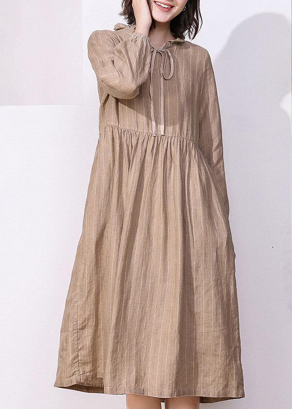 Classy Khaki Linen Dresses V Neck Robe High Neck Dresses