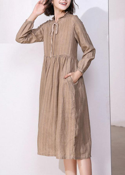 Classy Khaki Linen Dresses V Neck Robe High Neck Dresses