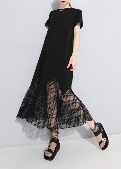 Classy Lace Patchwork Cotton Tunic Dress Outfits Black Art Dress Summer Hollow Out
