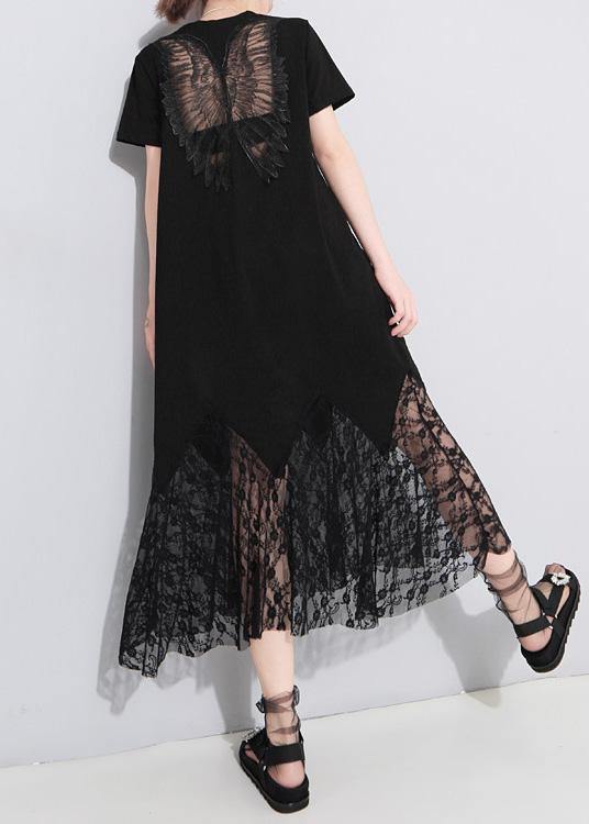 Classy Lace Patchwork Cotton Tunic Dress Outfits Black Art Dress Summer Hollow Out