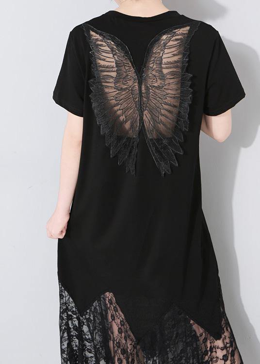 Classy Lace Patchwork Cotton Tunic Dress Outfits Black Art Dress Summer Hollow Out