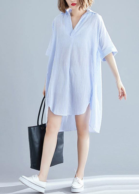 Classy Lapel Asymmetric Linen Dress Boutique Ideas Blue Striped Knee Dresses Summer