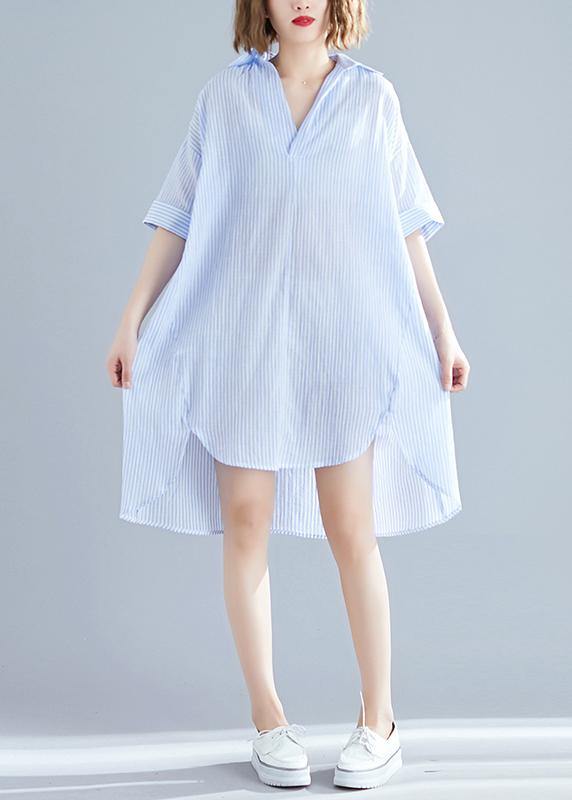 Classy Lapel Asymmetric Linen Dress Boutique Ideas Blue Striped Knee Dresses Summer