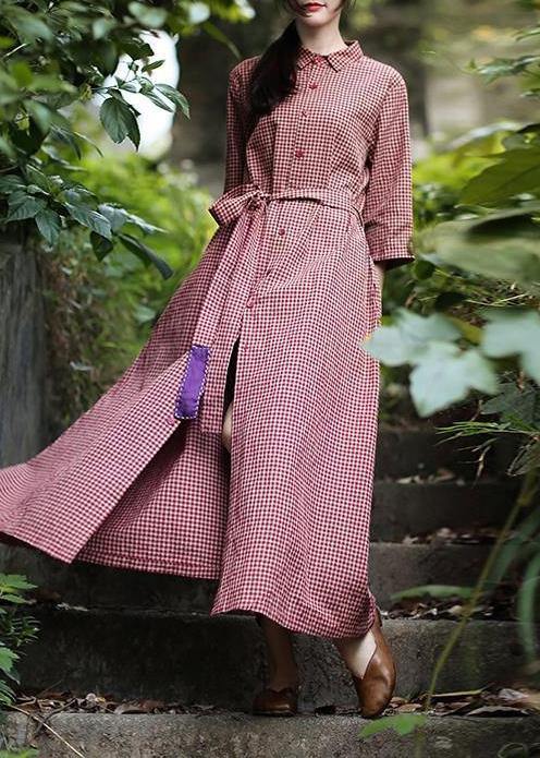Classy Lapel Tie Waist Spring Dresses Shape Red Plaid Dress