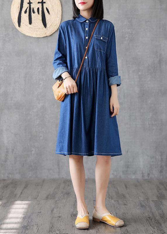 Classy Lapel Cinched Cotton Quilting Clothes Photography Denim Blue Dress