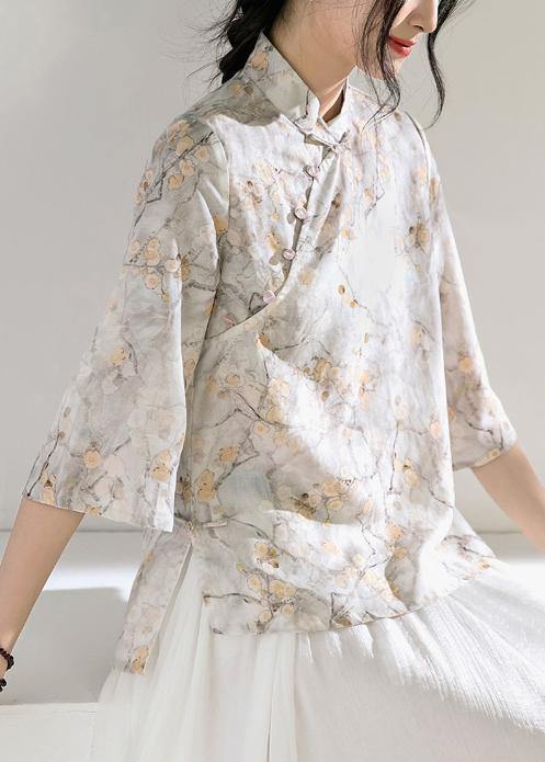 Classy Light Gray Linen Long Shirts Flare Sleeve Silhouette Stand Collar Shirts
