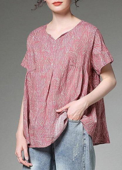 Classy Linen Clothes for Split Neck Red Printed Pleated Short Sleeve T-shirt