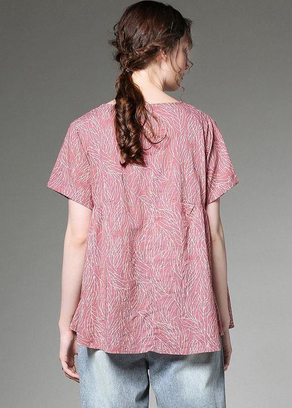 Classy Linen Clothes for Split Neck Red Printed Pleated Short Sleeve T-shirt