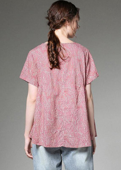 Classy Linen Clothes for Split Neck Red Printed Pleated Short Sleeve T-shirt