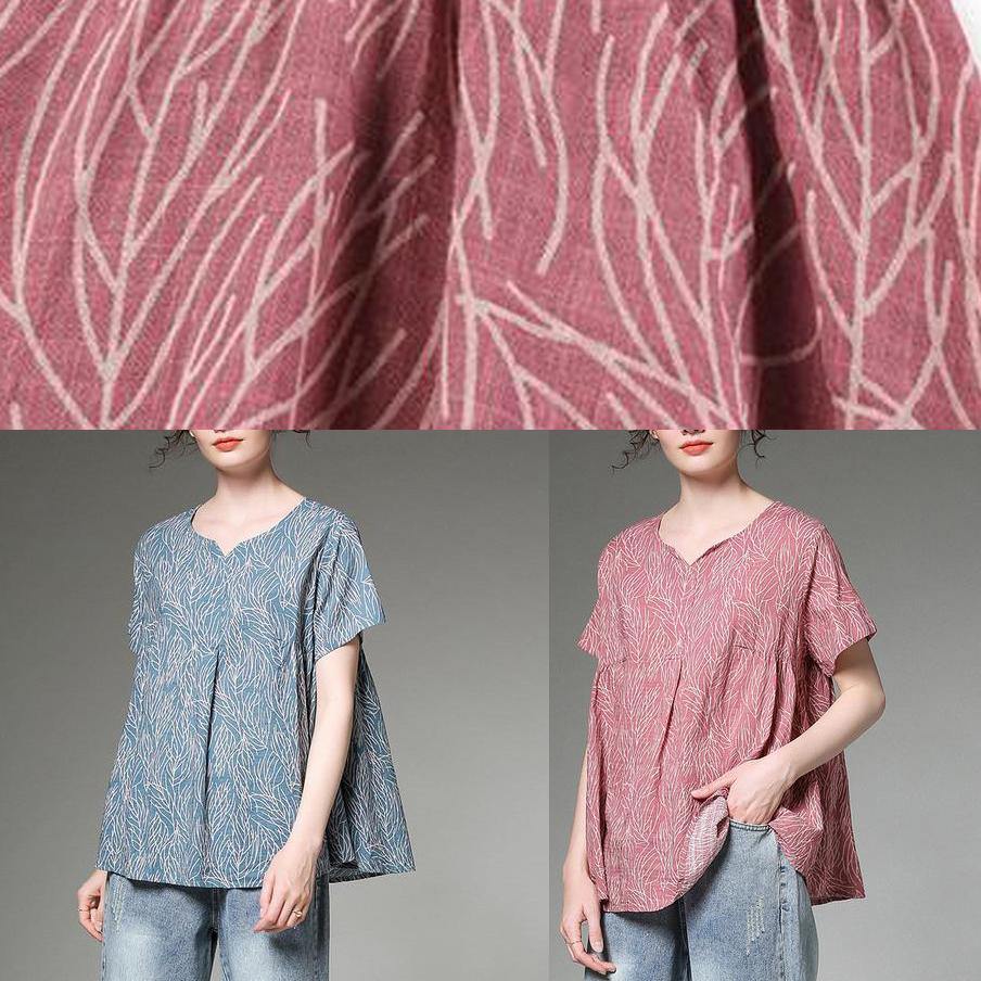 Classy Linen Clothes for Split Neck Red Printed Pleated Short Sleeve T-shirt