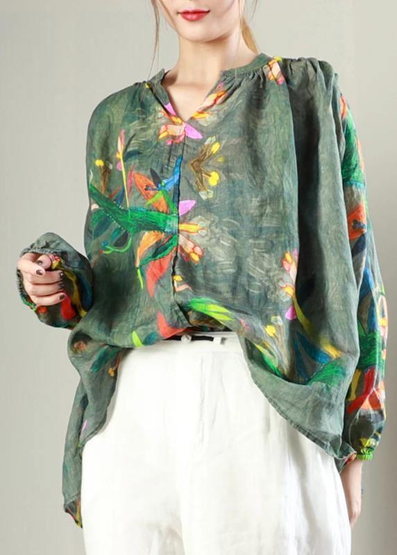 Classy Linen Crane Tops Simple V-neck Print Long Sleeve Blouse