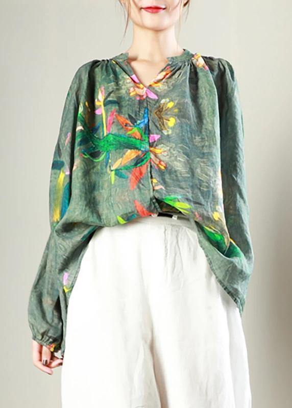 Classy linen crane tops plus size Simple V-Neck Print Long Sleeve Blouse