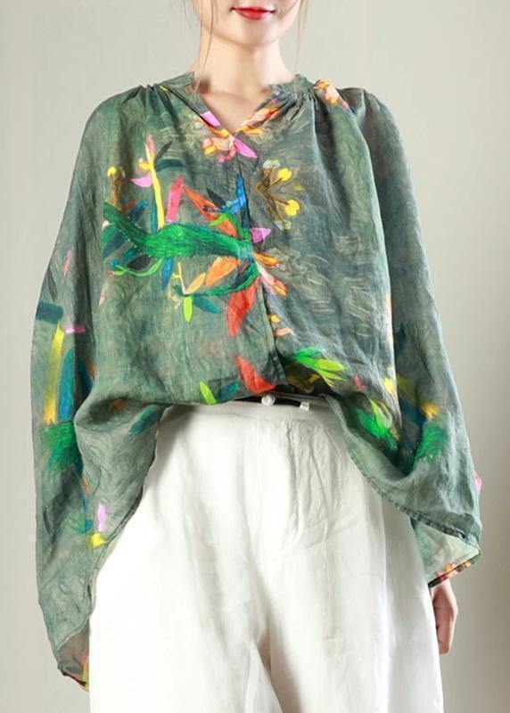 Classy Linen Crane Tops Simple V-neck Print Long Sleeve Blouse