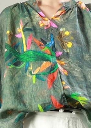 Classy Linen Crane Tops Simple V-neck Print Long Sleeve Blouse