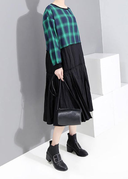 Classy Long Sleeve Cotton Clothes Photography Green Plaid Patchwork Dresses
