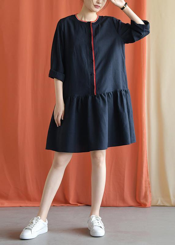 Classy Navy Linen Clothes Bracelet Sleeved Oversized Fall Dresses