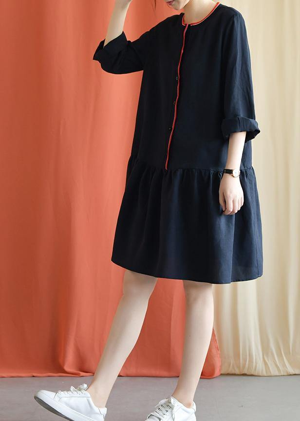Classy Navy Linen Clothes Bracelet Sleeved Oversized Fall Dresses