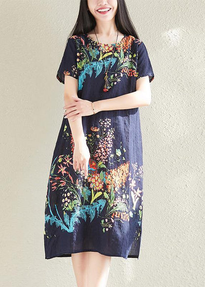 Classy Navy Prints Cotton Tunics Short Sleeve Oversized Summer Dresses