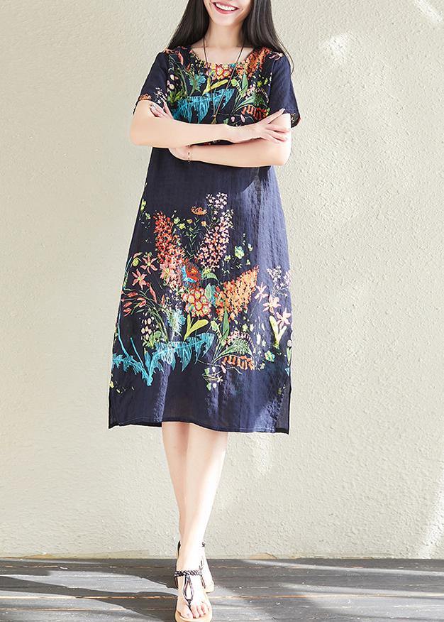 Classy Navy Prints Cotton Tunics Short Sleeve Oversized Summer Dresses
