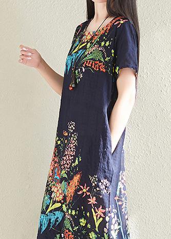 Classy Navy Prints Cotton Tunics Short Sleeve Oversized Summer Dresses