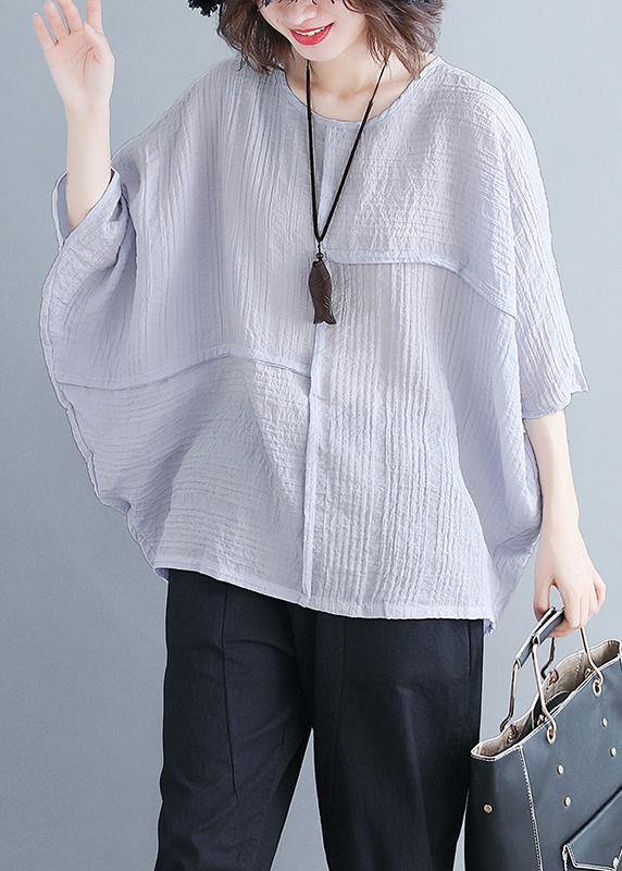 Classy O Neck Batwing Sleeve Patchwork Cotton Blended Shirts Design Gray Purple Baggy Tops Summer