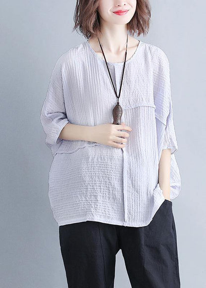 Classy O Neck Batwing Sleeve Patchwork Cotton Blended Shirts Design Gray Purple Baggy Tops Summer