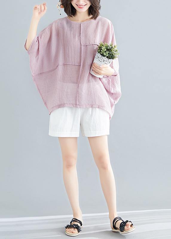 Classy O Neck Batwing Sleeve Patchwork Cotton Blended Tops Blouses Outfits Pink Short Blouse Summer