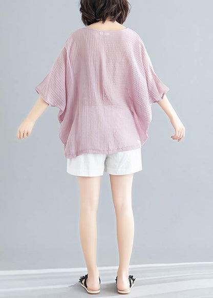 Classy O Neck Batwing Sleeve Patchwork Cotton Blended Tops Blouses Outfits Pink Short Blouse Summer
