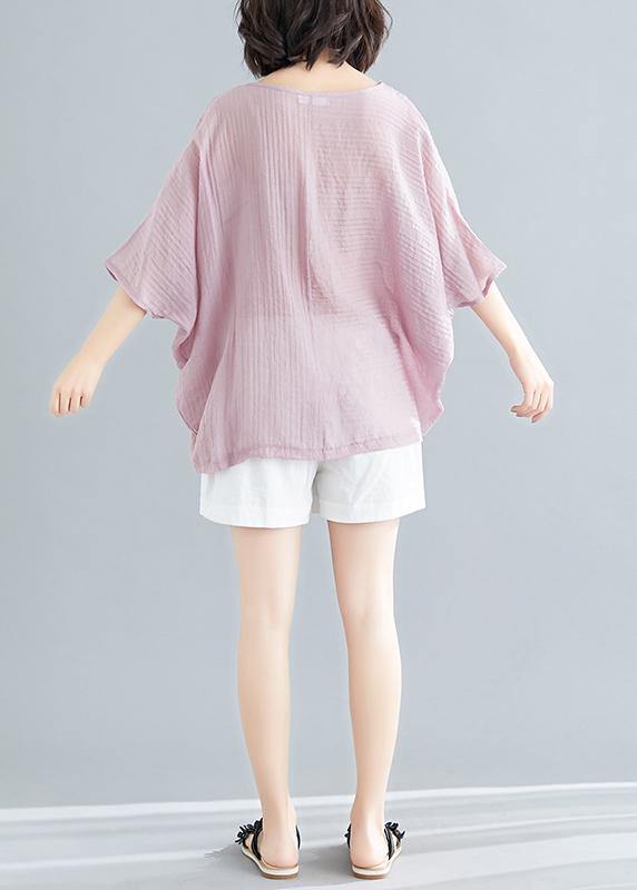 Classy O Neck Batwing Sleeve Patchwork Cotton Blended Tops Blouses Outfits Pink Short Blouse Summer