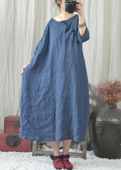 Classy O Neck Chinese Button Cotton Quilting Clothes Ideas Blue Dresses