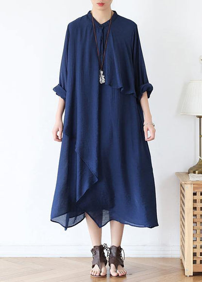 Classy O Neck Asymmetric Fall for Long Sleeve Blue Long Dresses