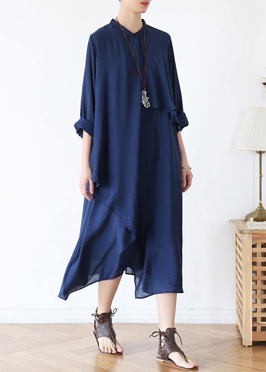 Classy O Neck Asymmetric Fall for Long Sleeve Blue Long Dresses