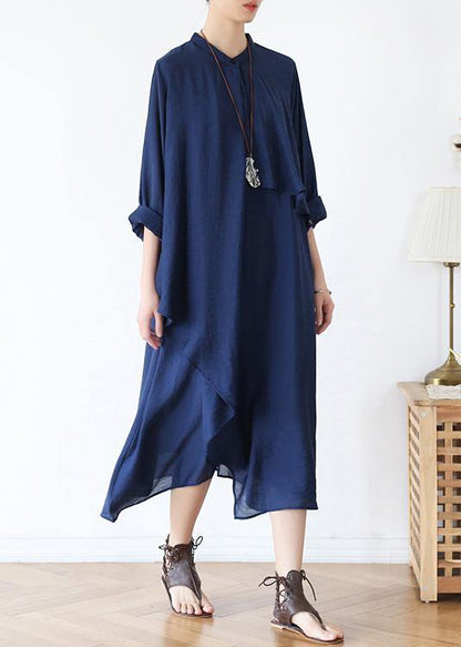 Classy O Neck Asymmetric Fall for Long Sleeve Blue Long Dresses