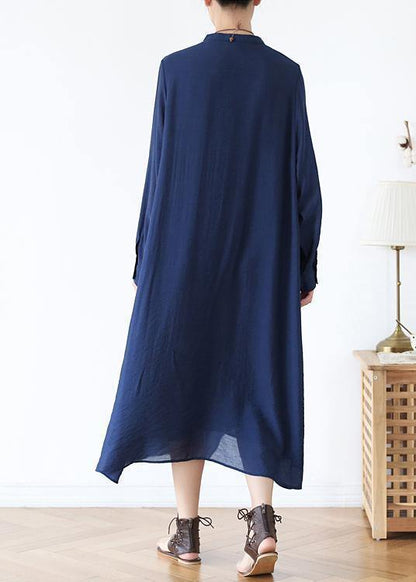 Classy O Neck Asymmetric Fall for Long Sleeve Blue Long Dresses