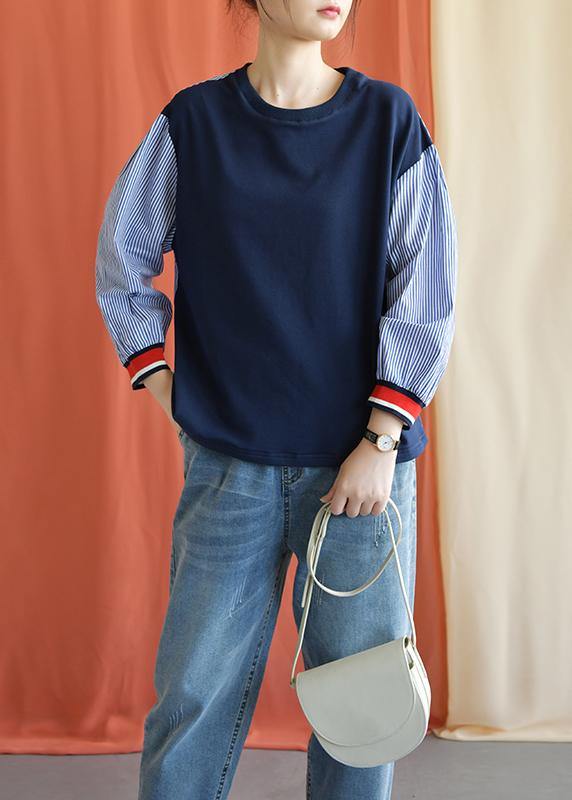 Classy O Neck Cotton Clothes for Tops Blue Patchwork Striped Blouse Fall