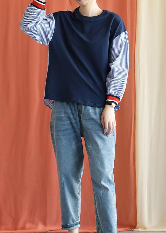 Classy O Neck Cotton Clothes for Tops Blue Patchwork Striped Blouse Fall