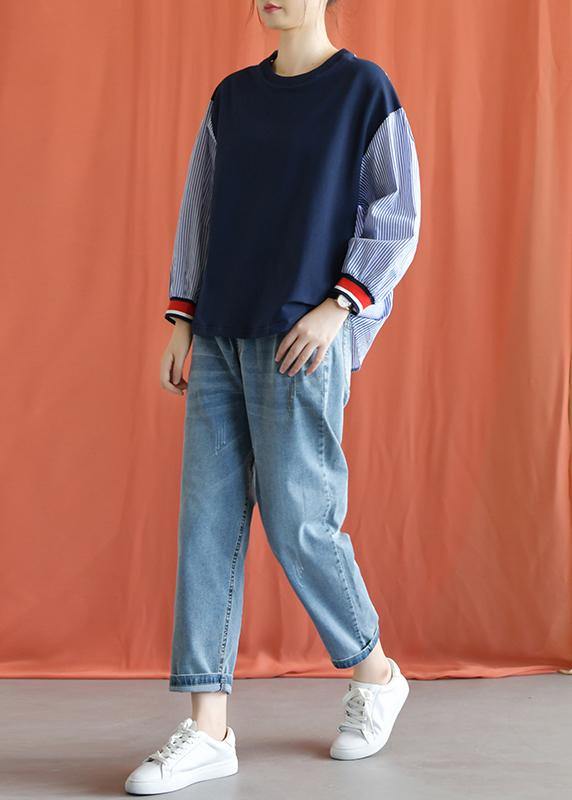Classy o neck cotton clothes For Women Tops blue patchwork striped blouse fall