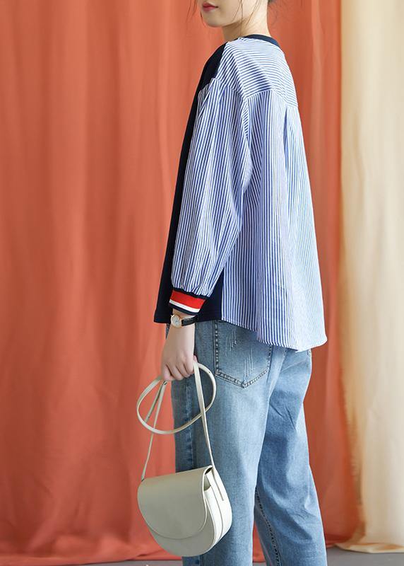 Classy o neck cotton clothes For Women Tops blue patchwork striped blouse fall
