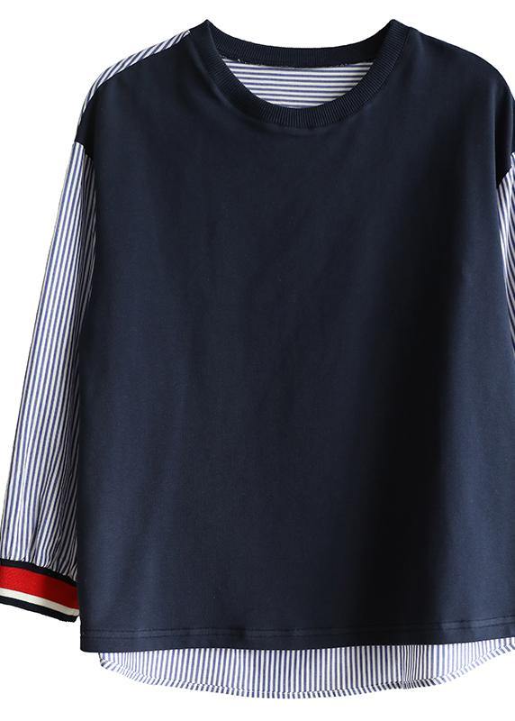 Classy o neck cotton clothes For Women Tops blue patchwork striped blouse fall