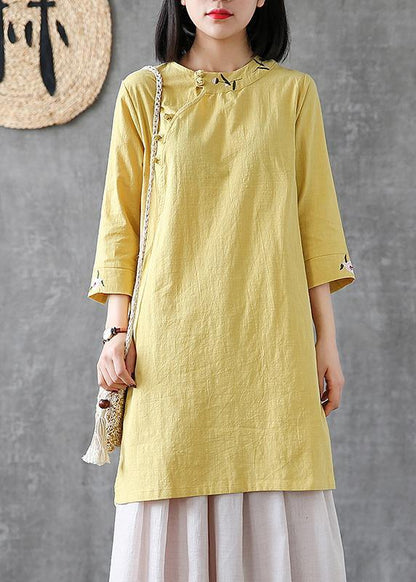 Classy O Neck Embroidery Linen Robes Work Light Blue Dress